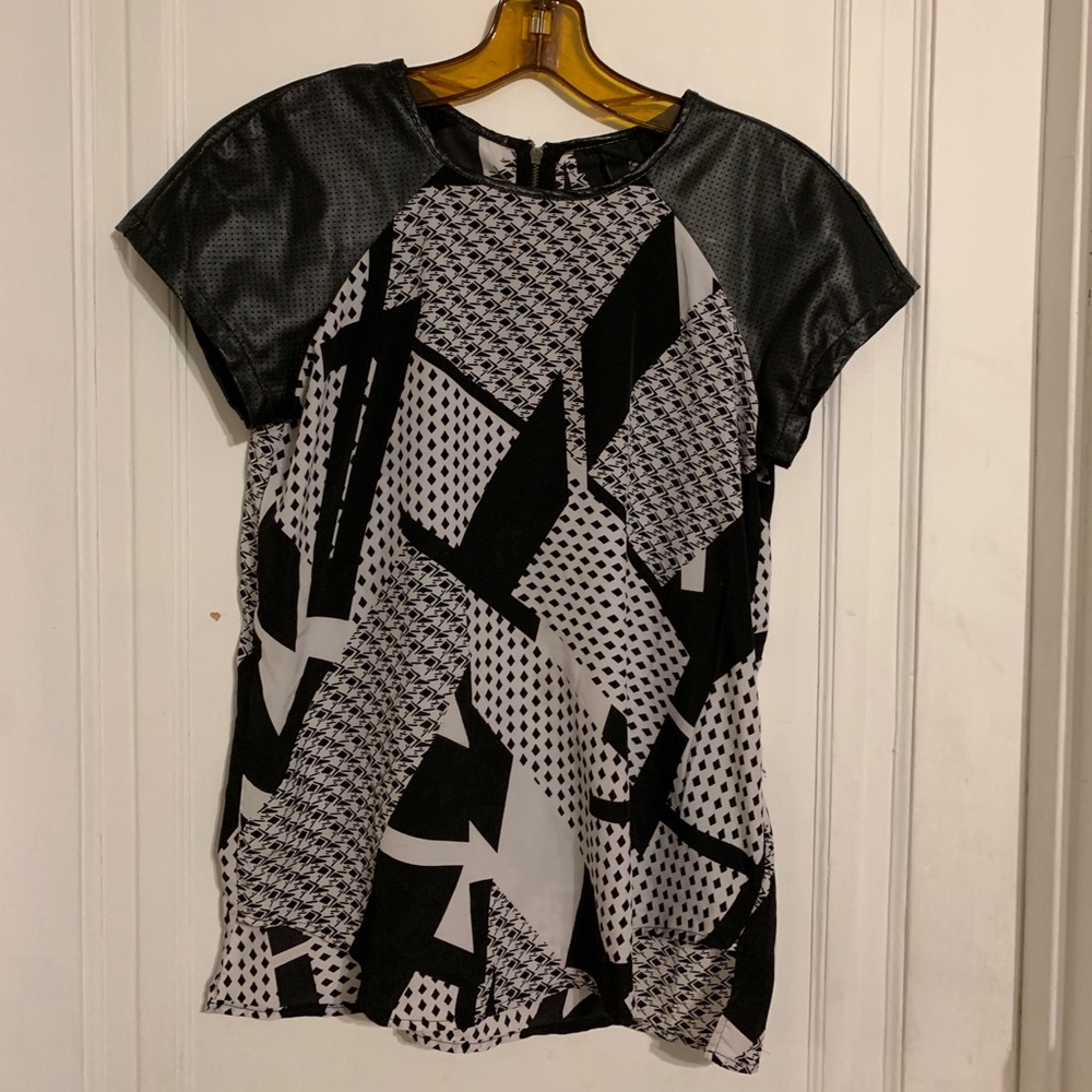 Geometric Blouse with Pleather Sleeves